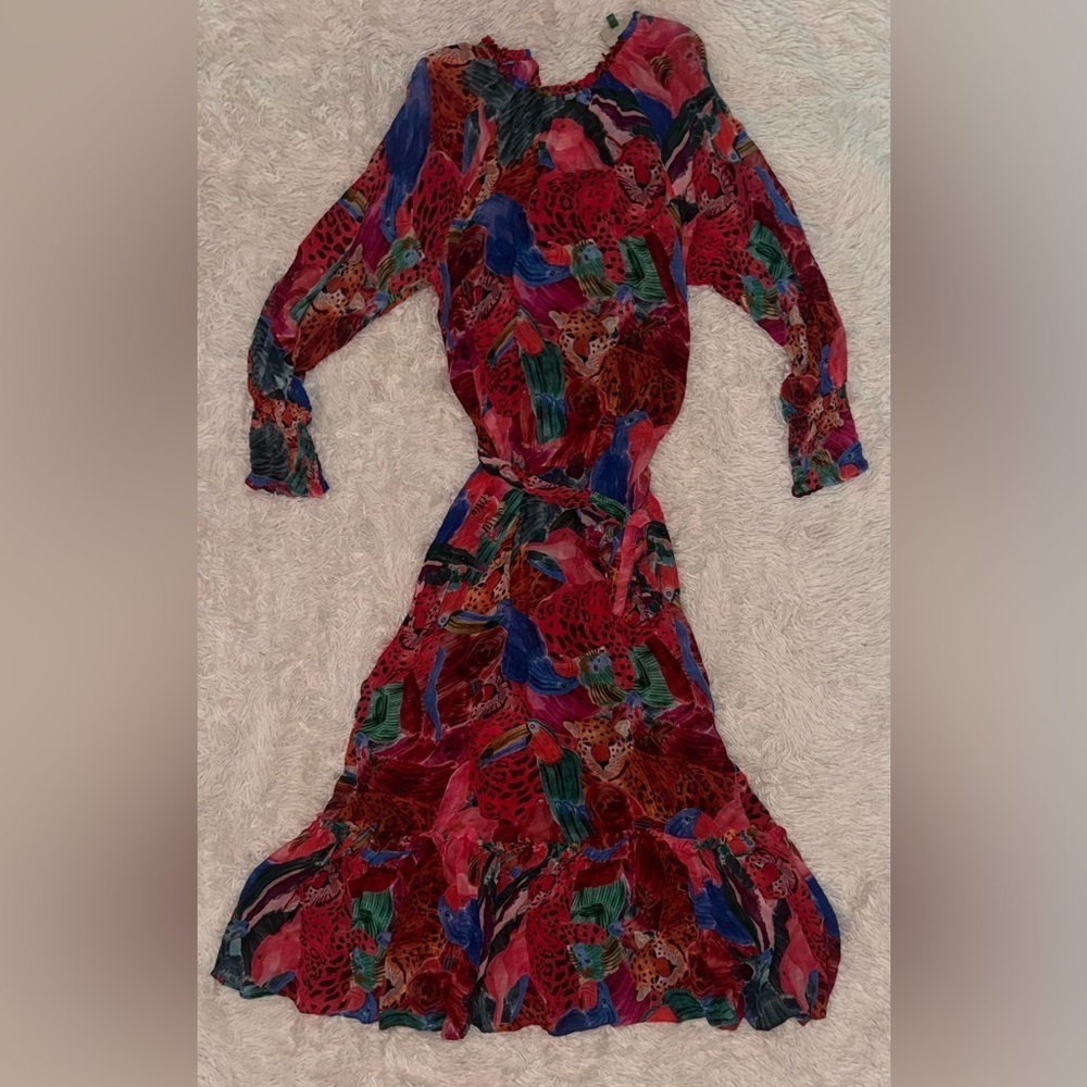 NWOT Farm Rio Animal Collage print belted long sleeves high neck Maxi Dress sz M - Picture 6 of 8